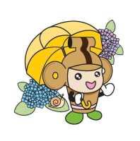アジサイの花とカタツムリと傘をさしているはにぽんのデザイン
