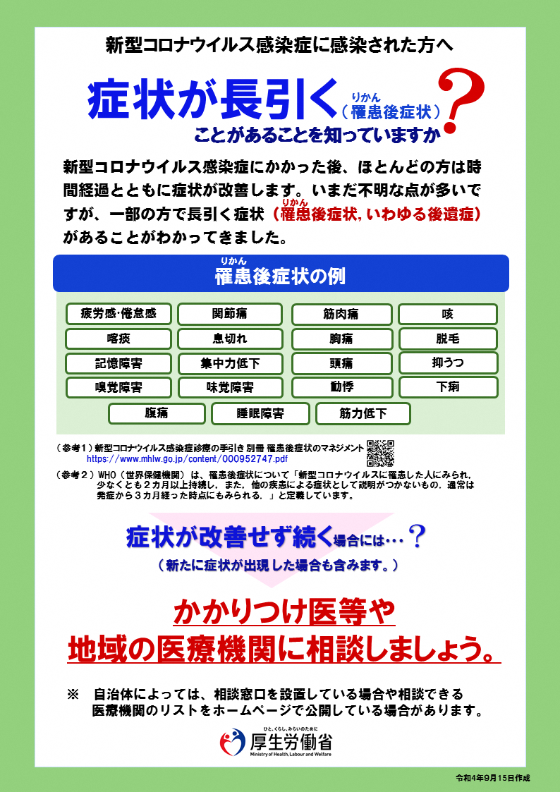 新型コロナウィルス感染症にかんせんされた方へ