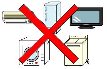 テレビ、エアコン、冷蔵庫、洗濯機にバツがついているイラスト