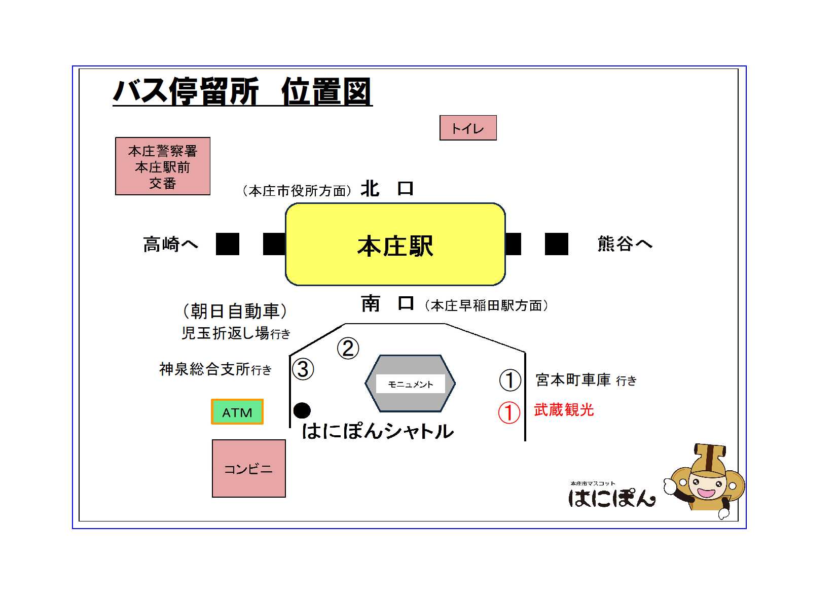 本庄駅南口の武蔵観光の停留所位置図