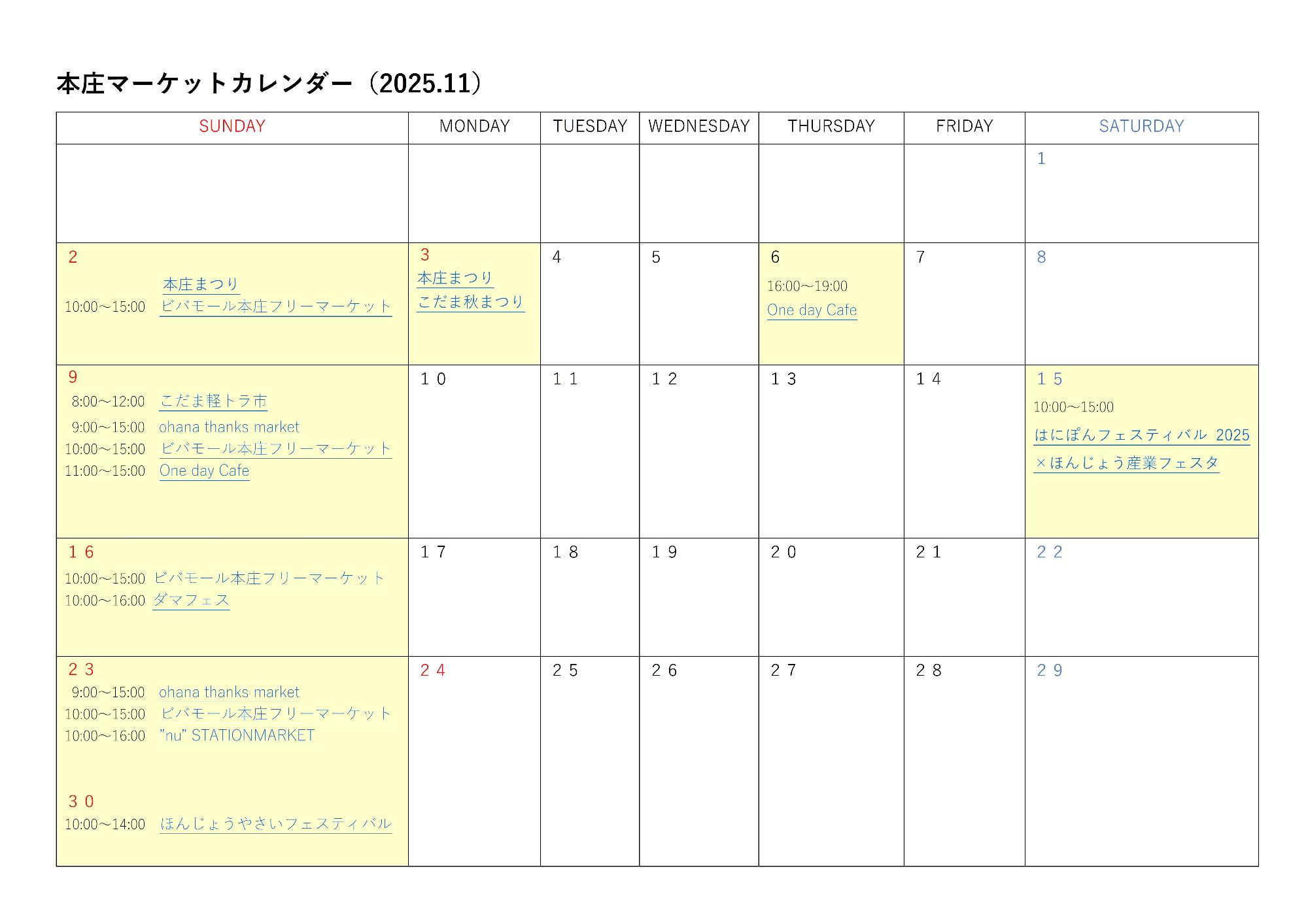 マーケットカレンダー11月