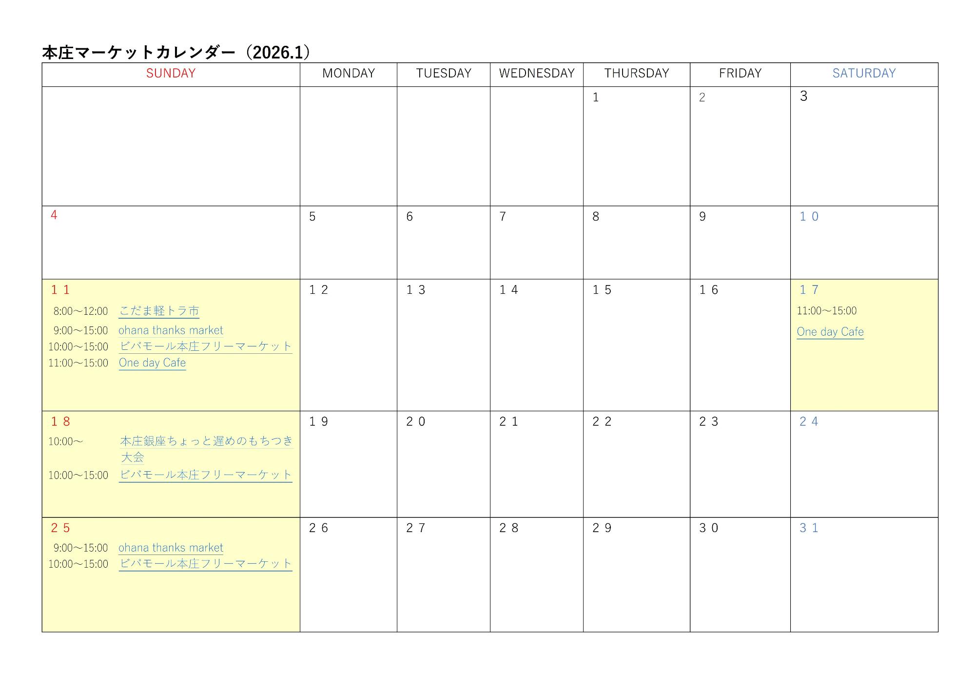 マーケットカレンダー1月