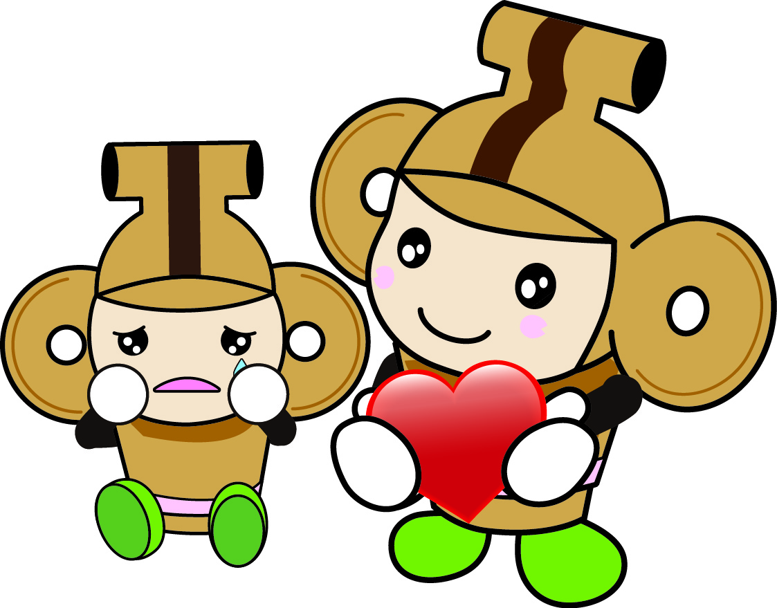 座って泣く人にハートを渡す