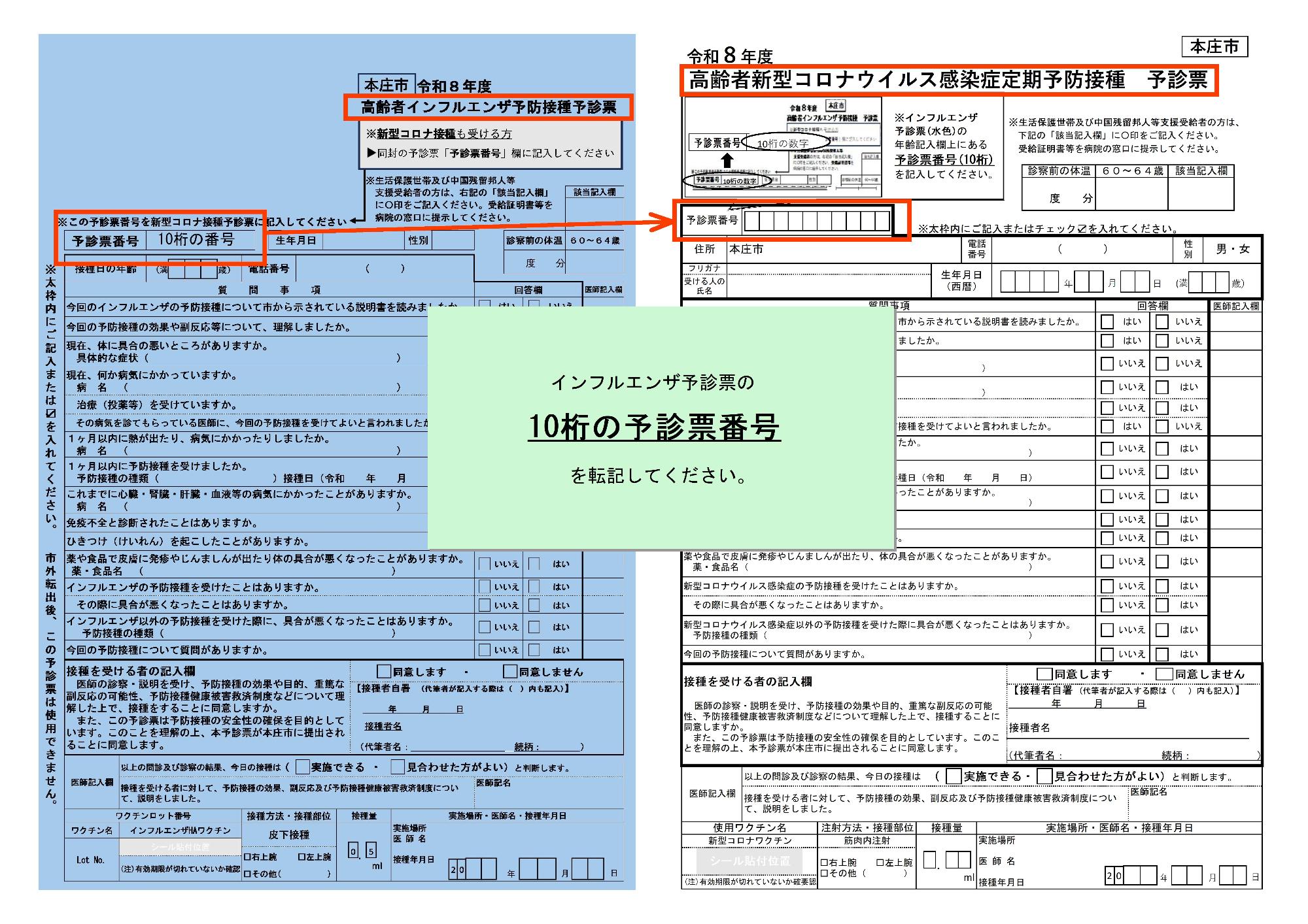 インフルエンザ予診票の10桁の数字を、コロナウイルスの予診票に転記して使用してください。