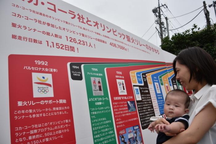 オリンピックヒストリーボードを見ている親子連れの写真