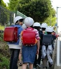 赤や黒のランドセルを背負った地域の子供達が白いヘルメットを被り通学している写真